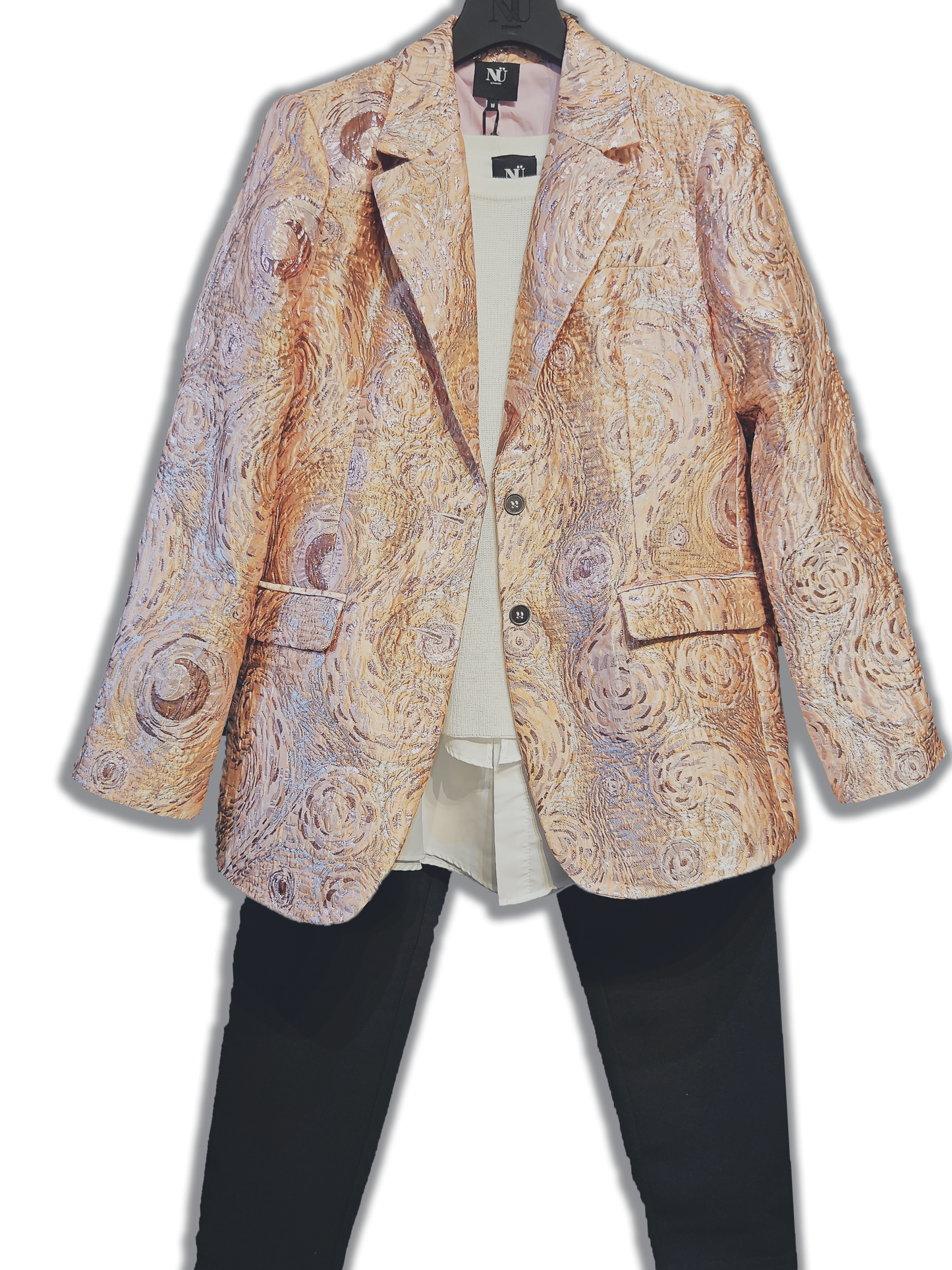 Komplet Power Outfit-pakke - Rosaguldblazer + Hvid Strik + Sorte Bukser