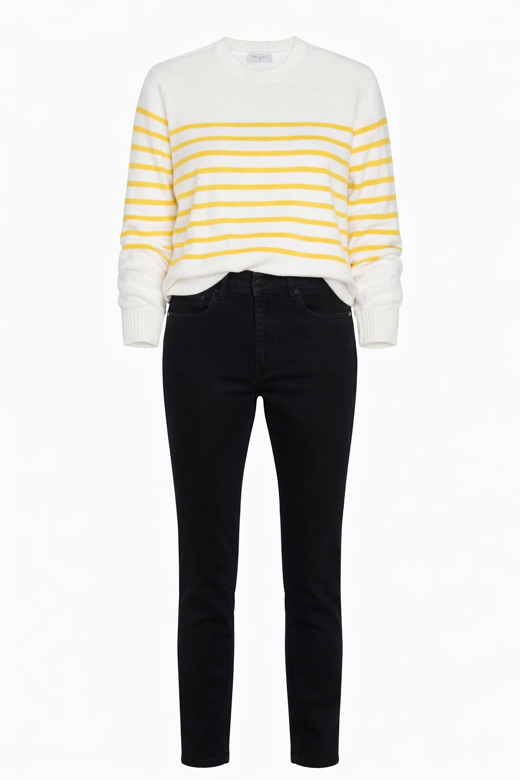 Premium Bomulds Striktrøje - Creme med Gule Striber Som Sæt