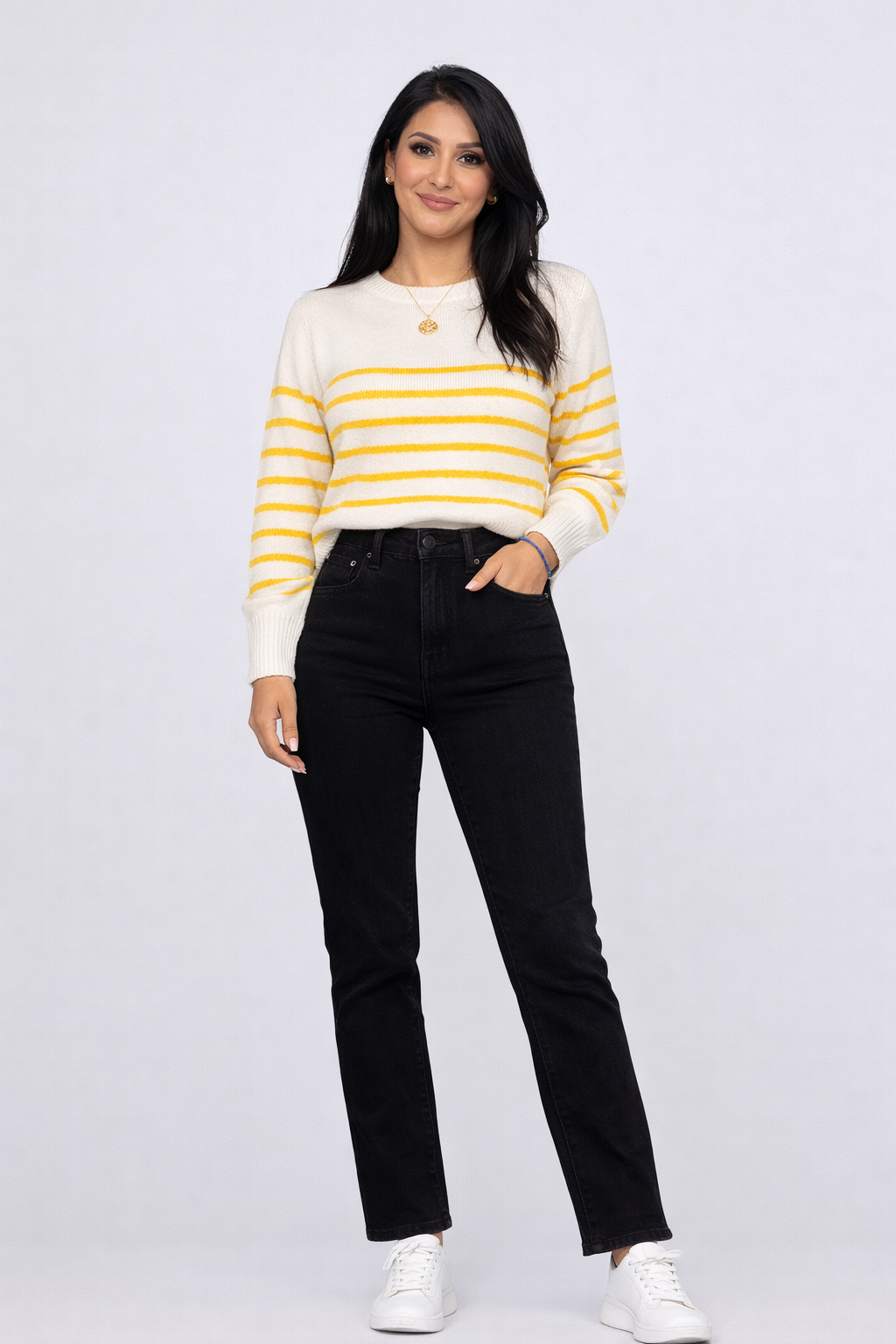 Premium Bomulds Striktrøje - Creme med Gule Striber Som Sæt