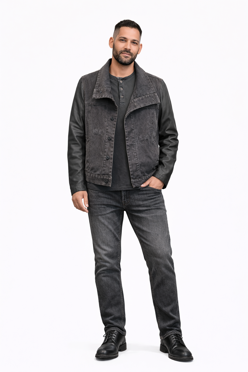 Coster Denim Jacket Set – Grey Leather Detail Edition