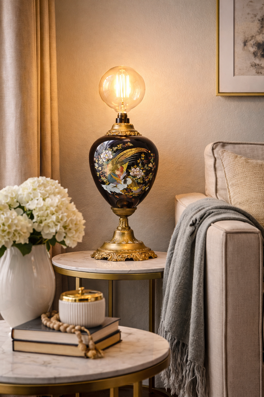 Vintage Keramisk Bordlampe med Messingfod – Elegant Dekorativ Lampe