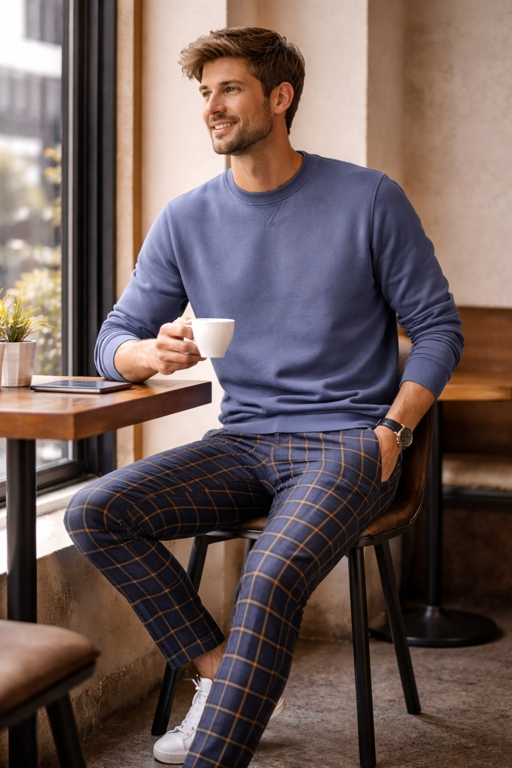 Pullover og ternede bukser i sæt